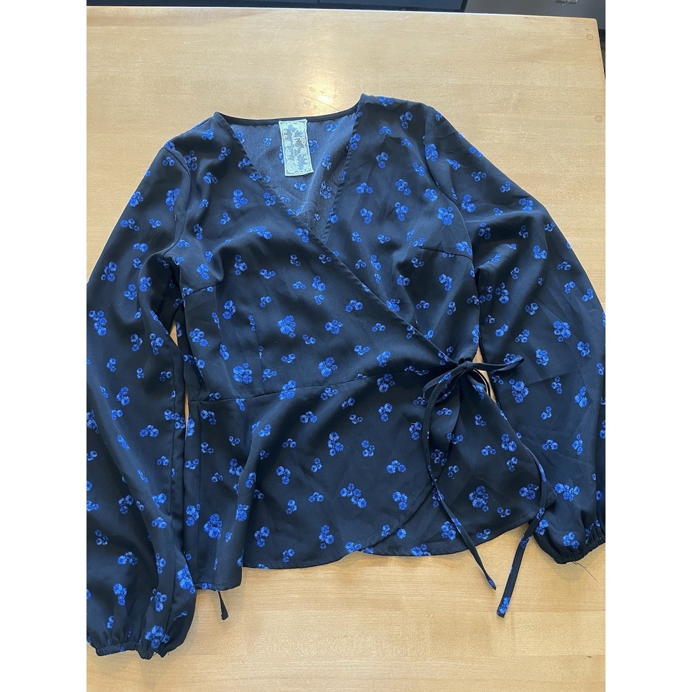 Sage Black Wrap Blouse with Blue Floral Print